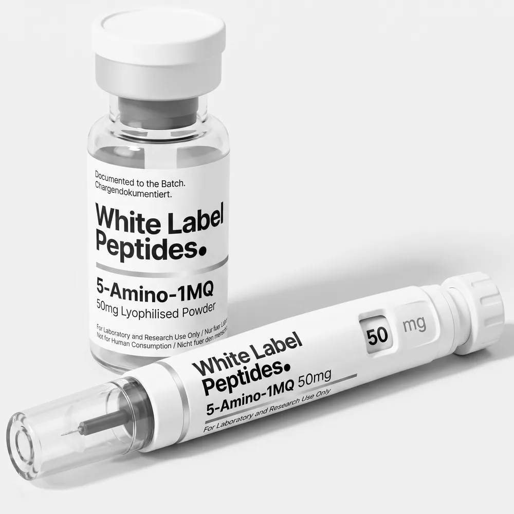 5-Amino-1MQ supplied as lyophilised powder in a multi-dose vial with matching injector pen, unbranded for private label