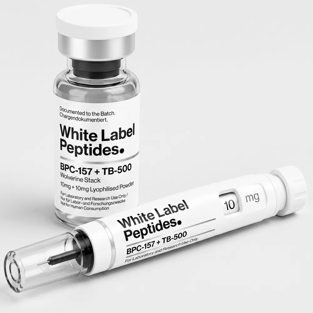 BPC-157 + TB-500 (Wolverine Stack) supplied as lyophilised powder in a multi-dose vial with matching injector pen, unbranded for private label