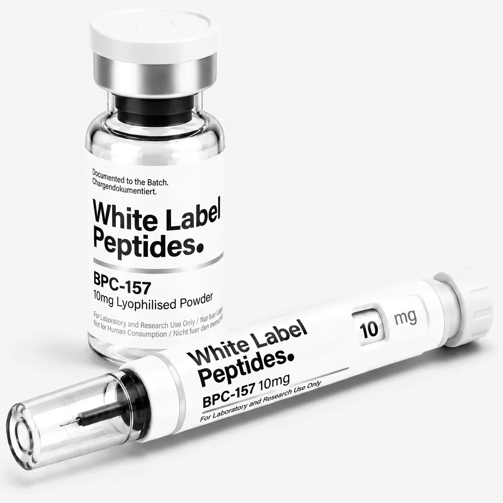 BPC-157 supplied as lyophilised powder in a multi-dose vial with matching injector pen, unbranded for private label