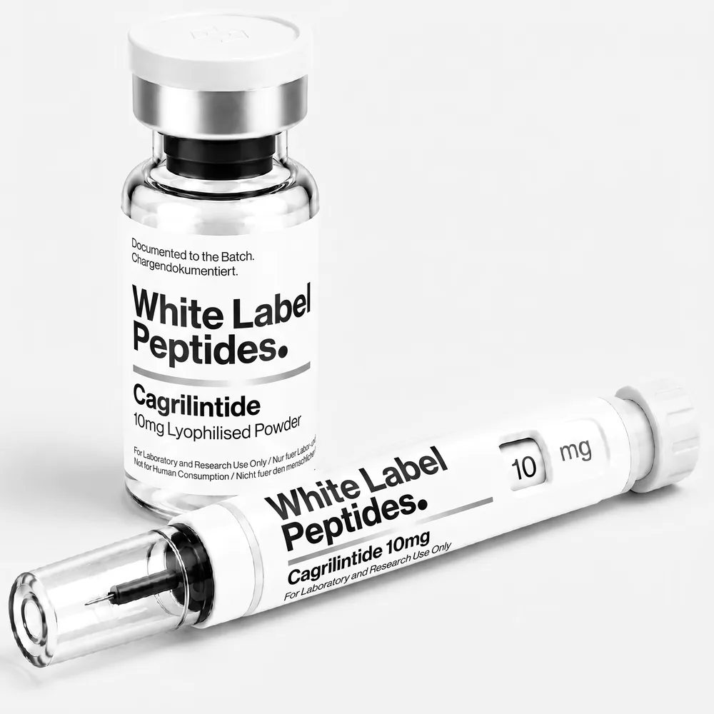 Cagrilintide supplied as lyophilised powder in a multi-dose vial with matching injector pen, unbranded for private label