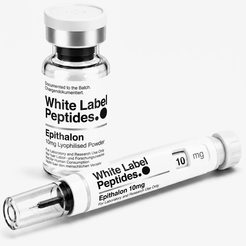 Epithalon supplied as lyophilised powder in a multi-dose vial with matching injector pen, unbranded for private label
