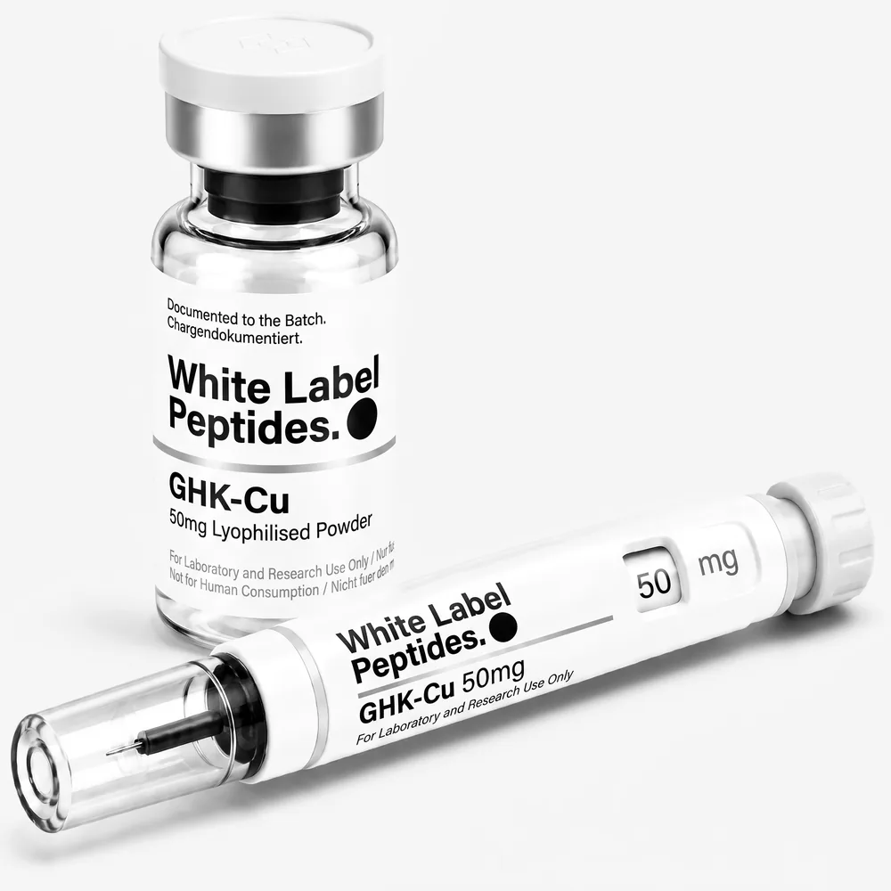 GHK-Cu supplied as lyophilised powder in a multi-dose vial with matching injector pen, unbranded for private label