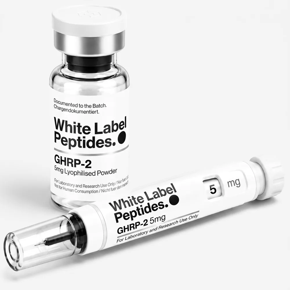 GHRP-2 supplied as lyophilised powder in a multi-dose vial with matching injector pen, unbranded for private label