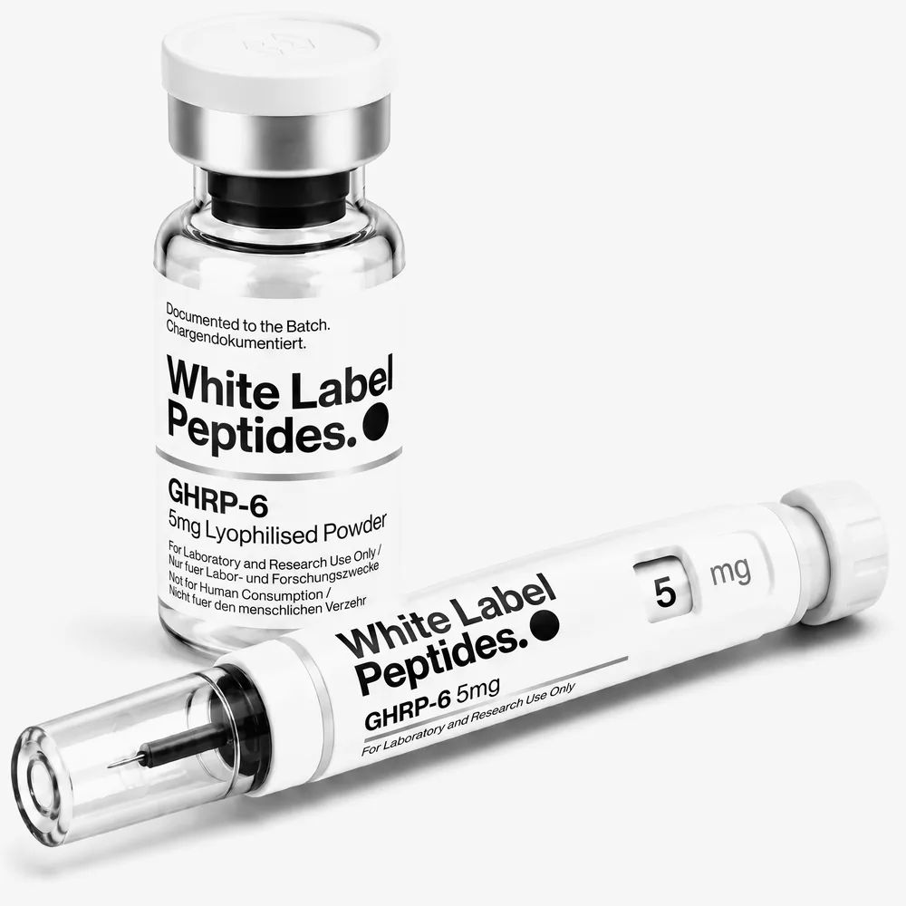 GHRP-6 supplied as lyophilised powder in a multi-dose vial with matching injector pen, unbranded for private label