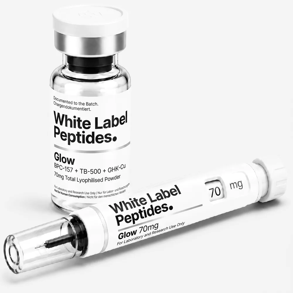 Glow (BPC-157 + TB-500 + GHK-Cu) supplied as lyophilised powder in a multi-dose vial with matching injector pen, unbranded for private label