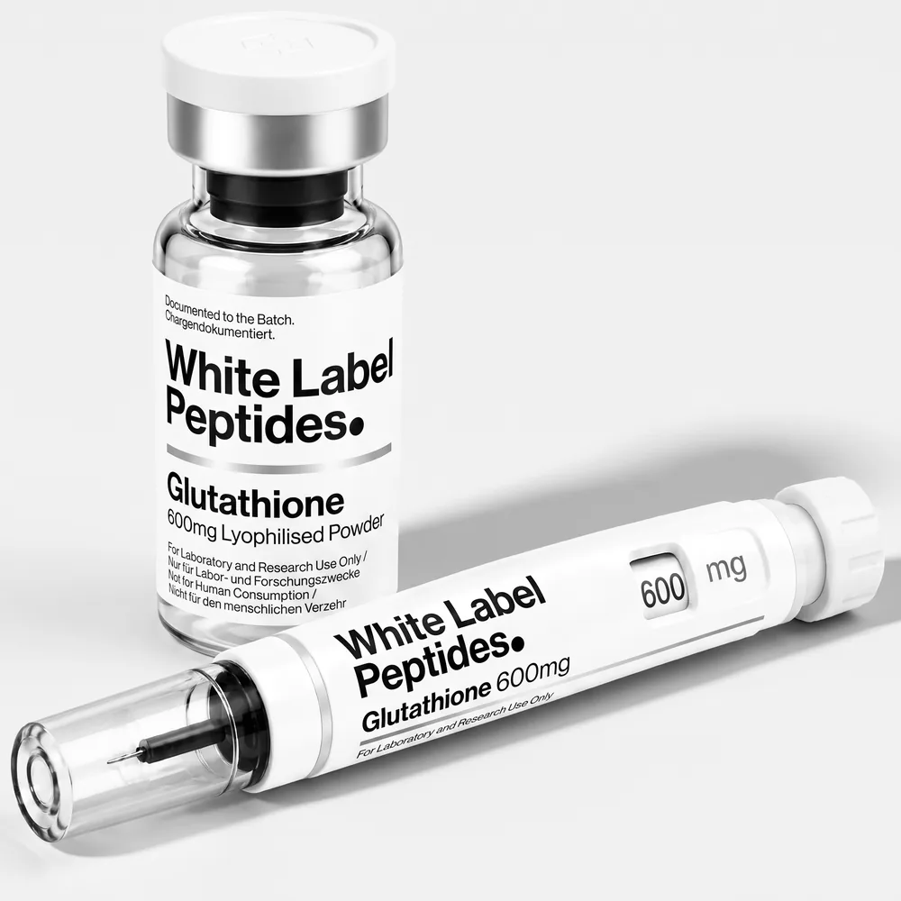 Glutathione supplied as lyophilised powder in a multi-dose vial with matching injector pen, unbranded for private label