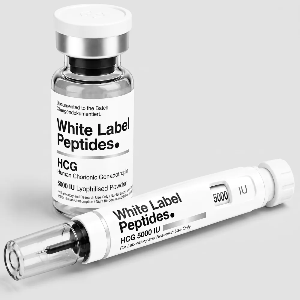 HCG (Human Chorionic Gonadotropin) supplied as lyophilised powder in a multi-dose vial with matching injector pen, unbranded for private label