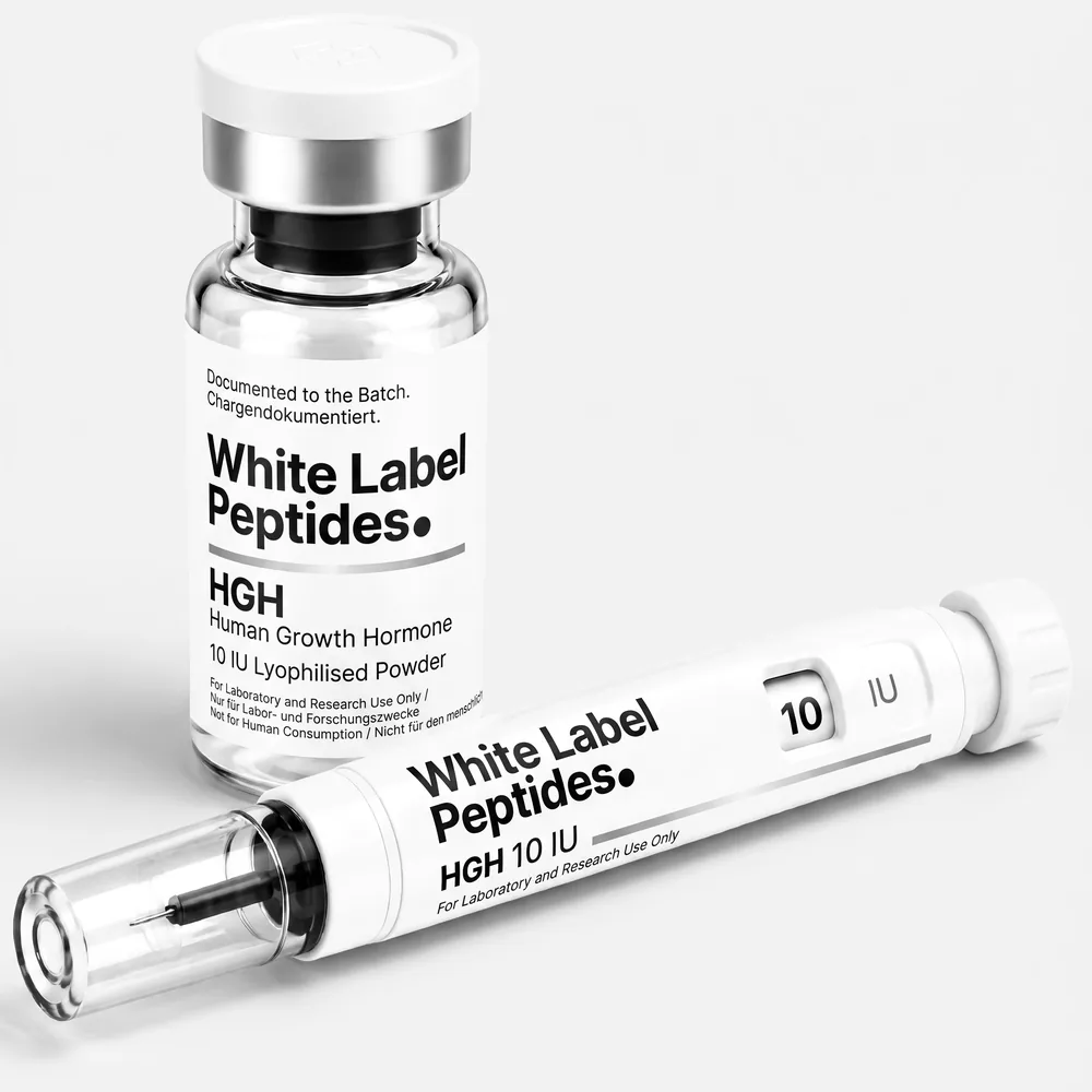 HGH (Human Growth Hormone) supplied as lyophilised powder in a multi-dose vial with matching injector pen, unbranded for private label
