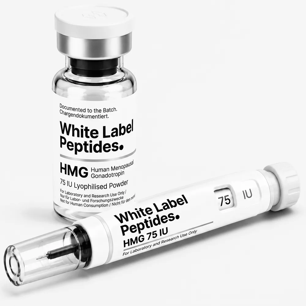 HMG (Human Menopausal Gonadotropin) supplied as lyophilised powder in a multi-dose vial with matching injector pen, unbranded for private label