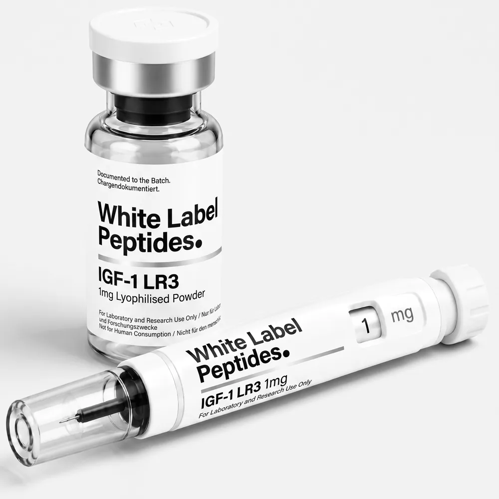 IGF-1 LR3 supplied as lyophilised powder in a multi-dose vial with matching injector pen, unbranded for private label