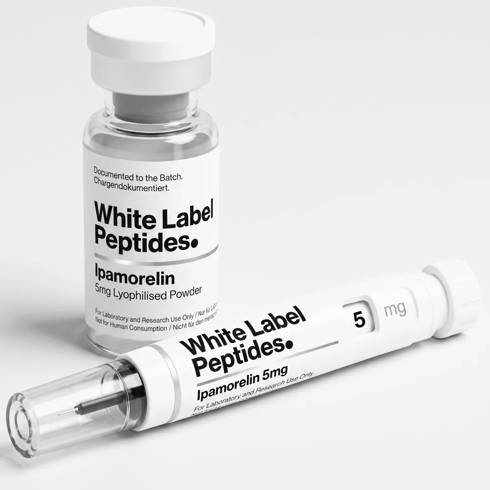 Ipamorelin supplied as lyophilised powder in a multi-dose vial with matching injector pen, unbranded for private label