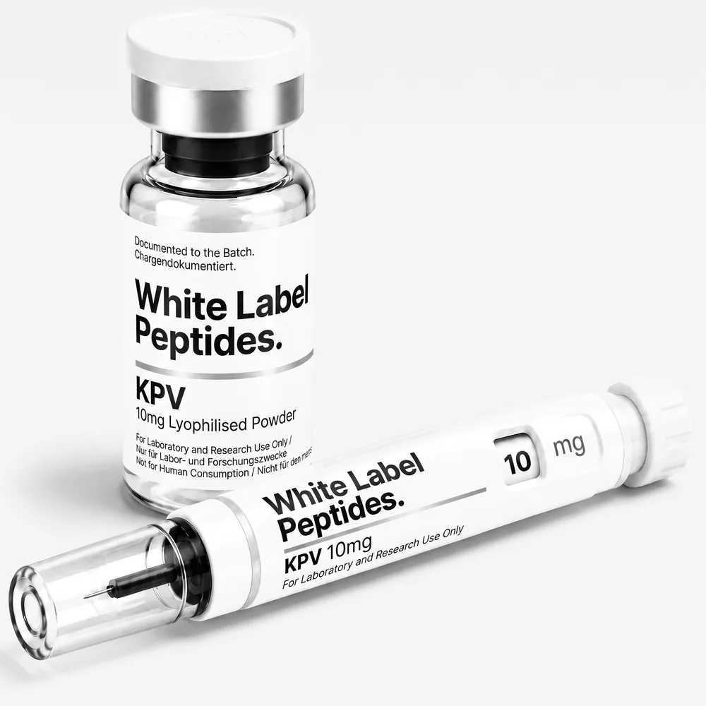 KPV supplied as lyophilised powder in a multi-dose vial with matching injector pen, unbranded for private label