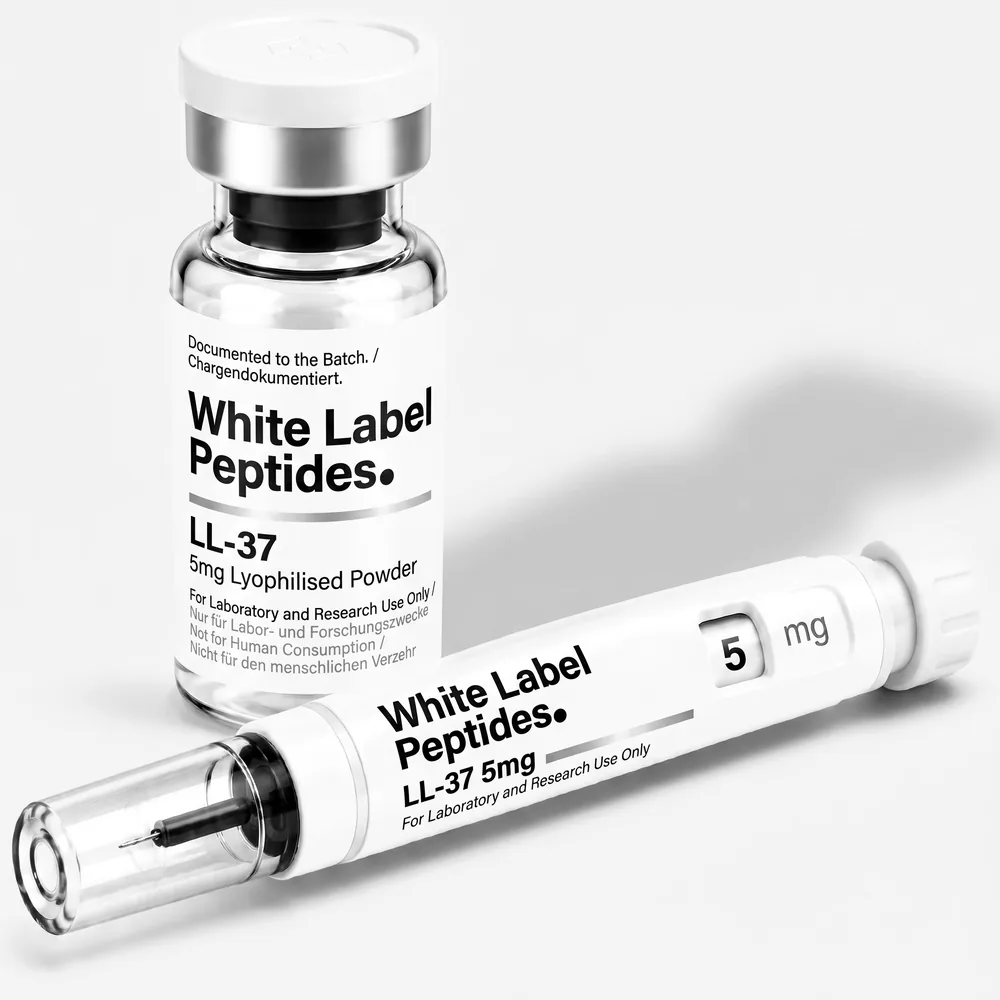 LL-37 supplied as lyophilised powder in a multi-dose vial with matching injector pen, unbranded for private label