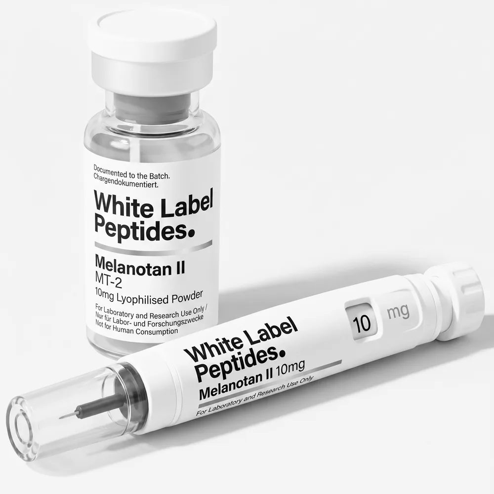 Melanotan II (MT-2) supplied as lyophilised powder in a multi-dose vial with matching injector pen, unbranded for private label