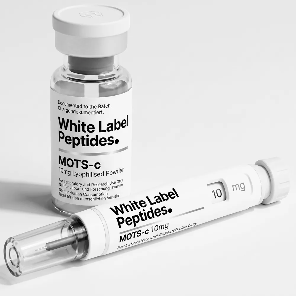 MOTS-c supplied as lyophilised powder in a multi-dose vial with matching injector pen, unbranded for private label