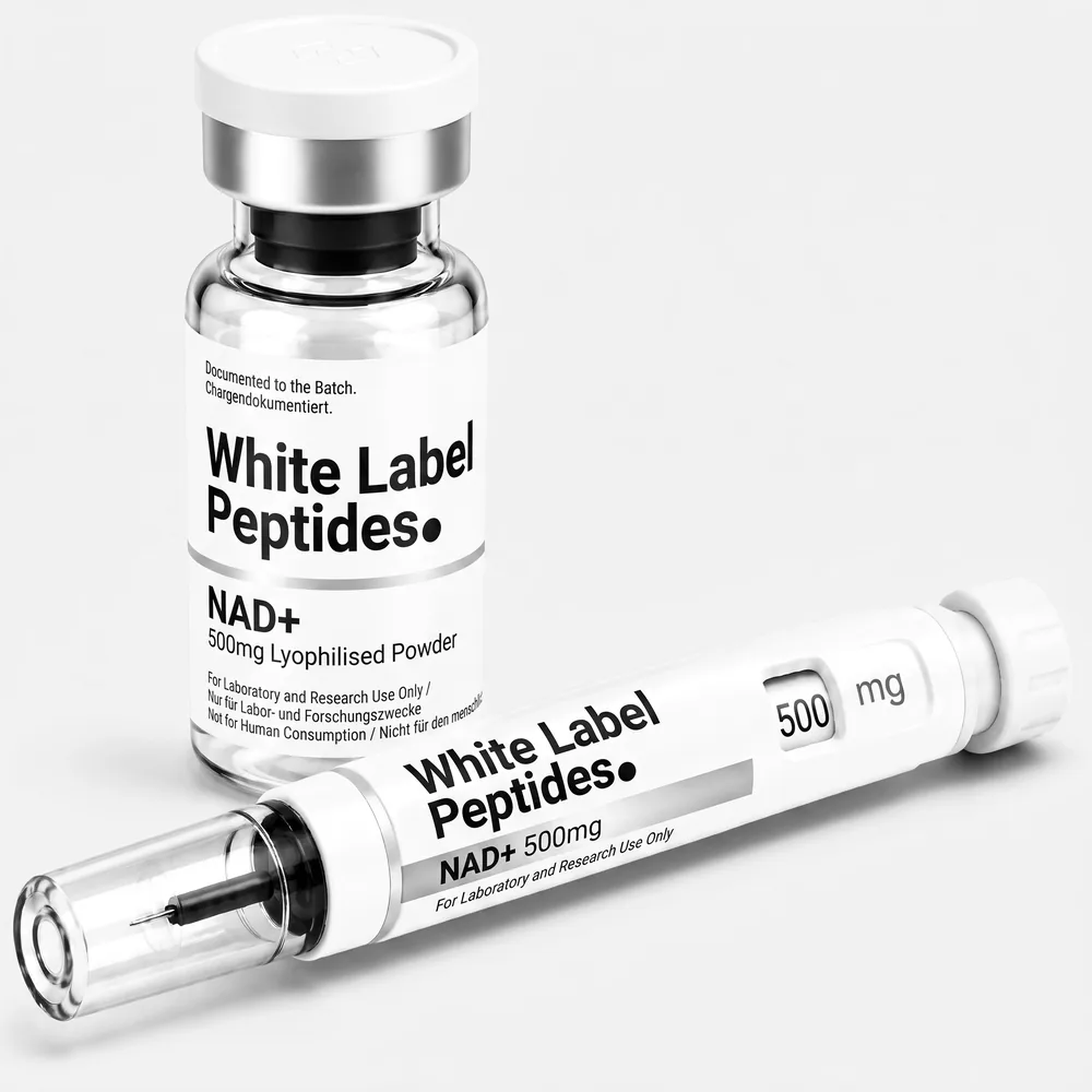 NAD+ supplied as lyophilised powder in a multi-dose vial with matching injector pen, unbranded for private label
