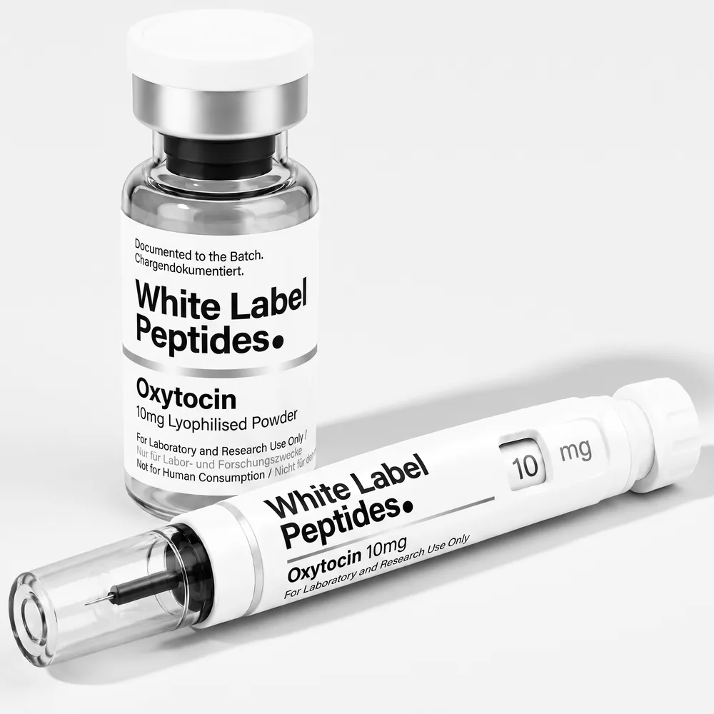 Oxytocin supplied as lyophilised powder in a multi-dose vial with matching injector pen, unbranded for private label