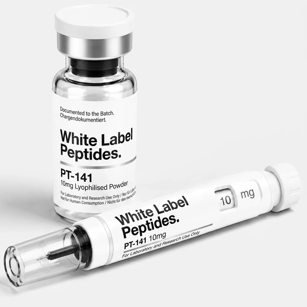 PT-141 supplied as lyophilised powder in a multi-dose vial with matching injector pen, unbranded for private label
