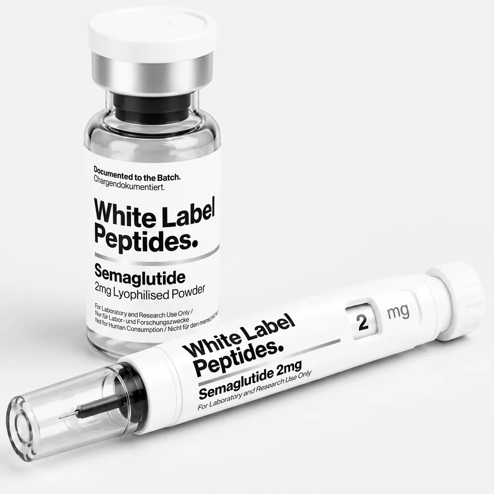 Semaglutide supplied as lyophilised powder in a multi-dose vial with matching injector pen, unbranded for private label