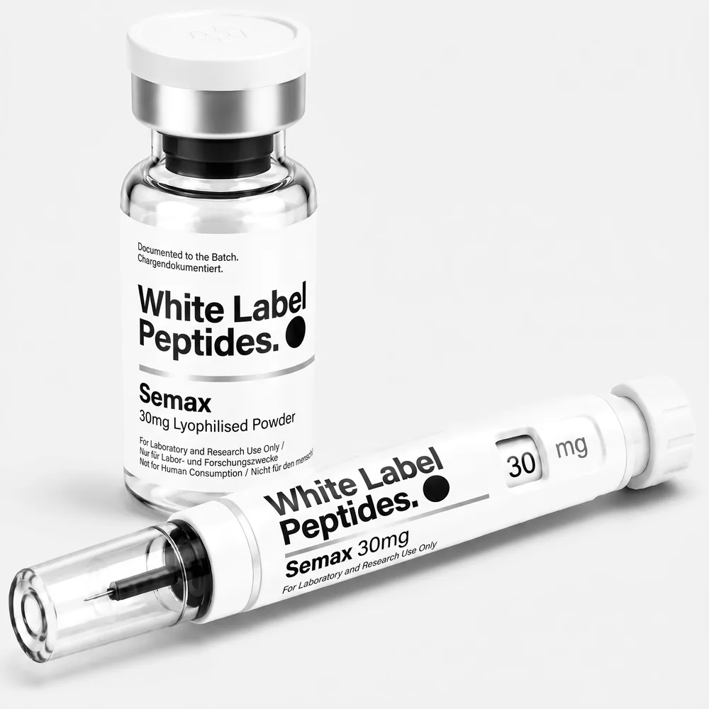 Semax supplied as lyophilised powder in a multi-dose vial with matching injector pen, unbranded for private label
