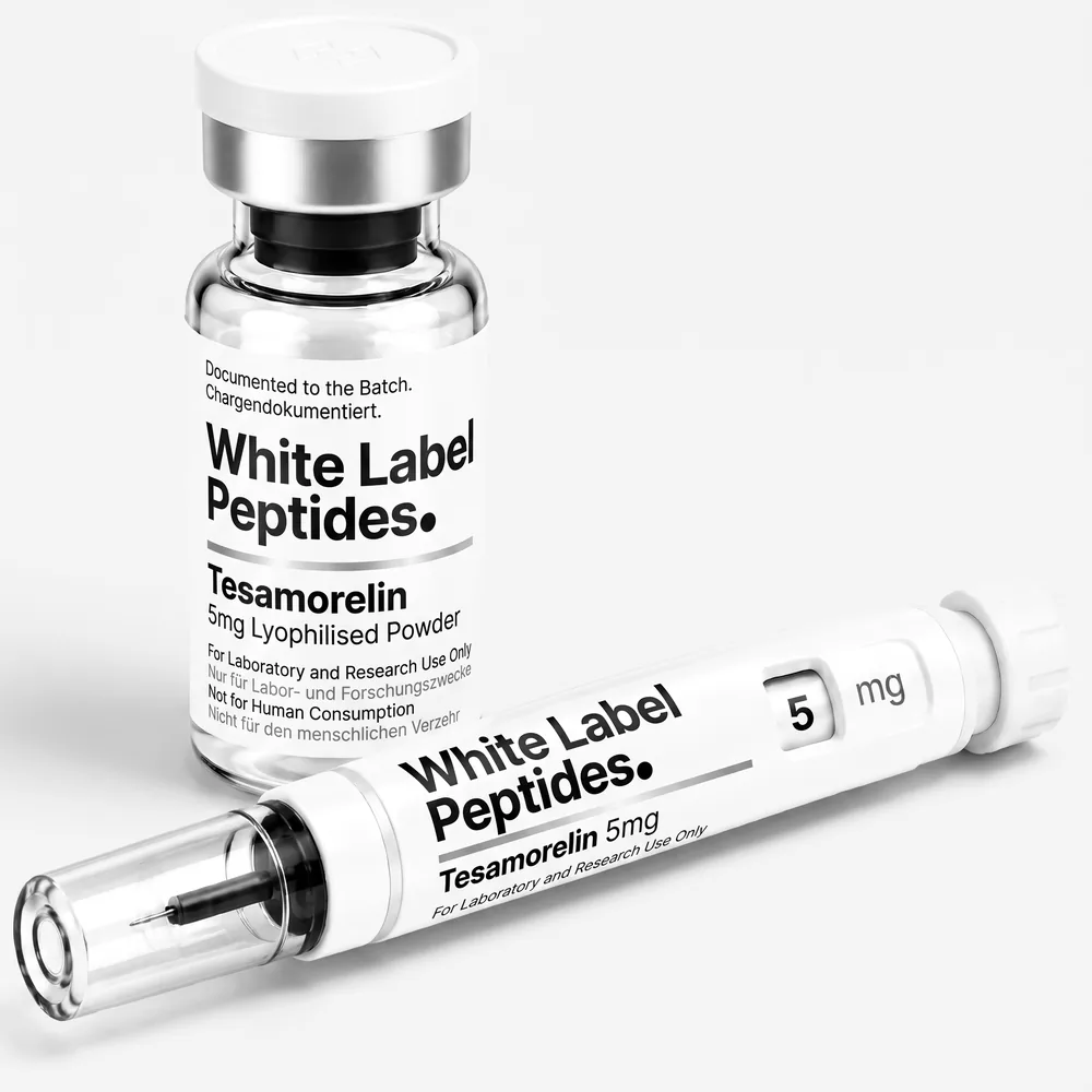 Tesamorelin supplied as lyophilised powder in a multi-dose vial with matching injector pen, unbranded for private label