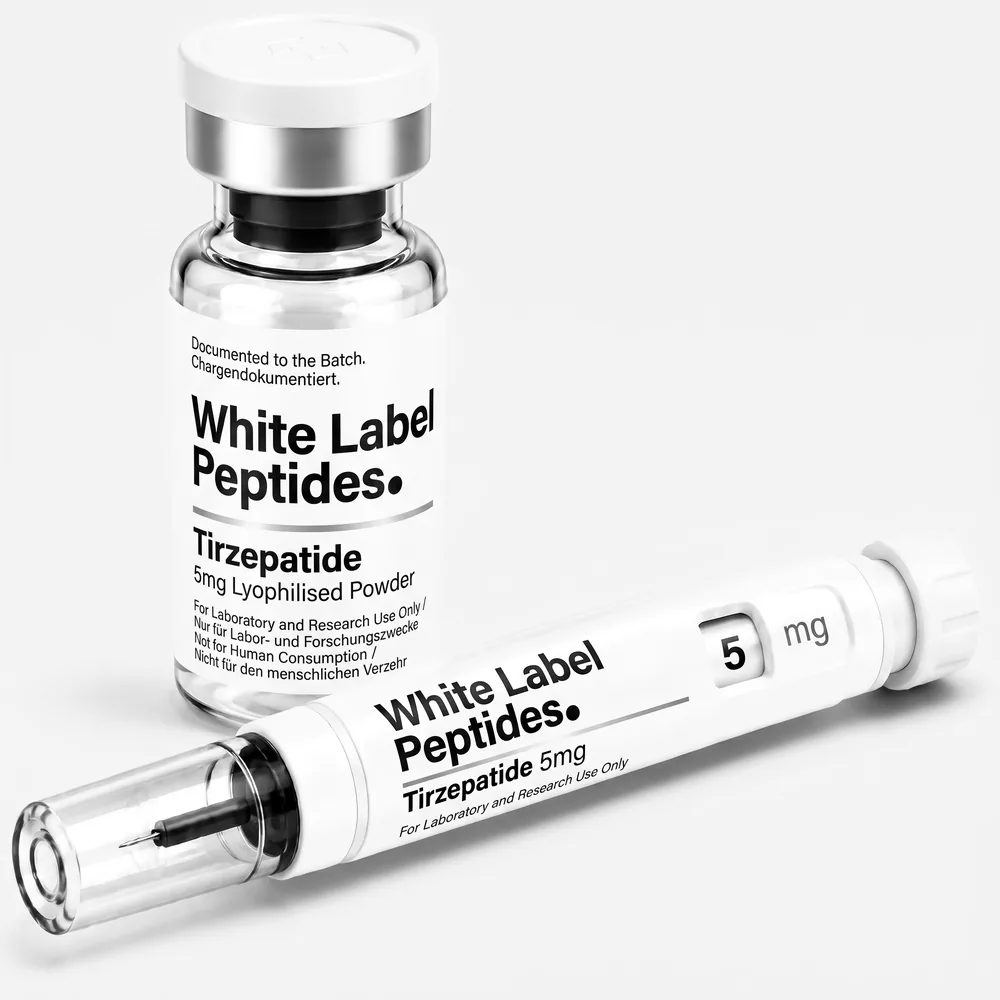 Tirzepatide supplied as lyophilised powder in a multi-dose vial with matching injector pen, unbranded for private label